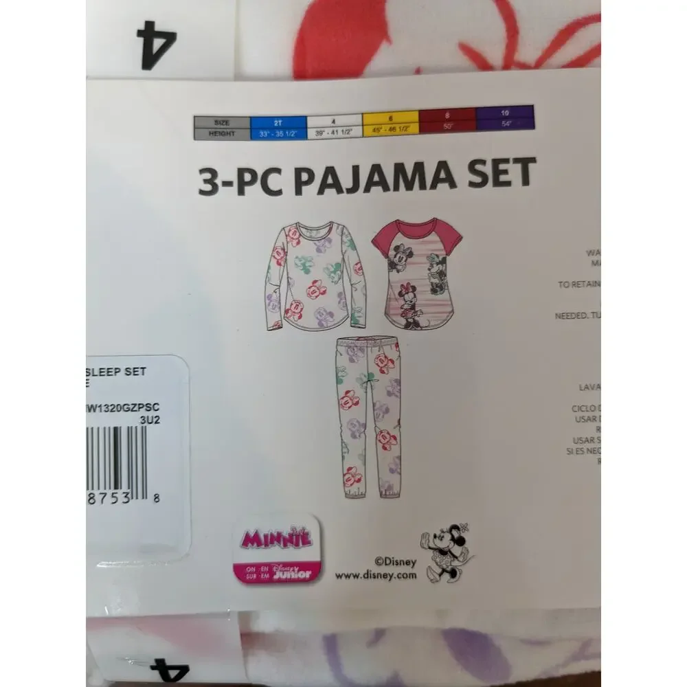 Disney Junior Minnie‎ Mouse Girls Pajama Set XS 4 Pink White Sleepwear 3 Piece